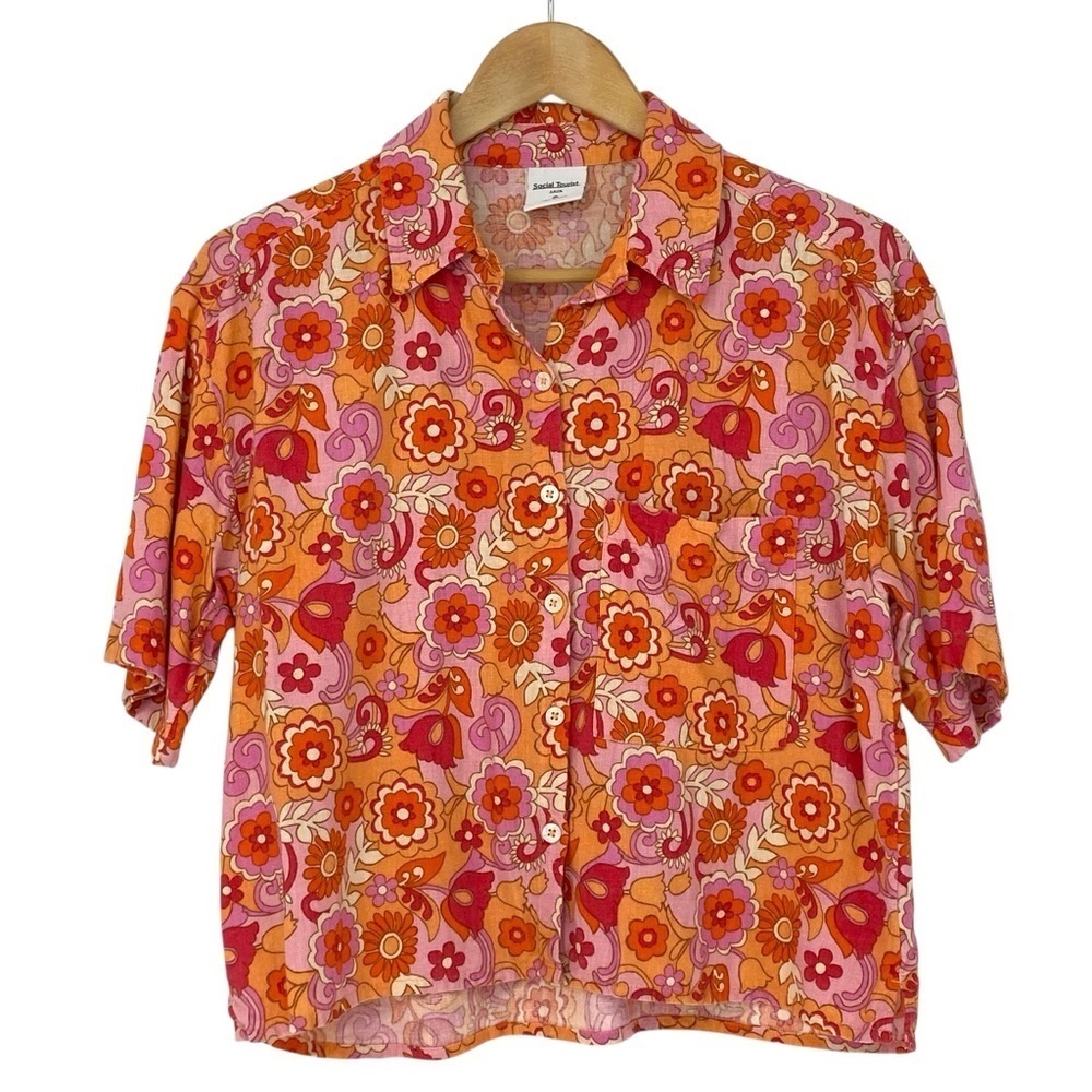 Social Tourist Linen Blend Women’s Button Up Blouse Hollister 70s Hippie Boho S